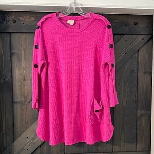 Bright Pink Textured Button-Sleeve Women's Top
